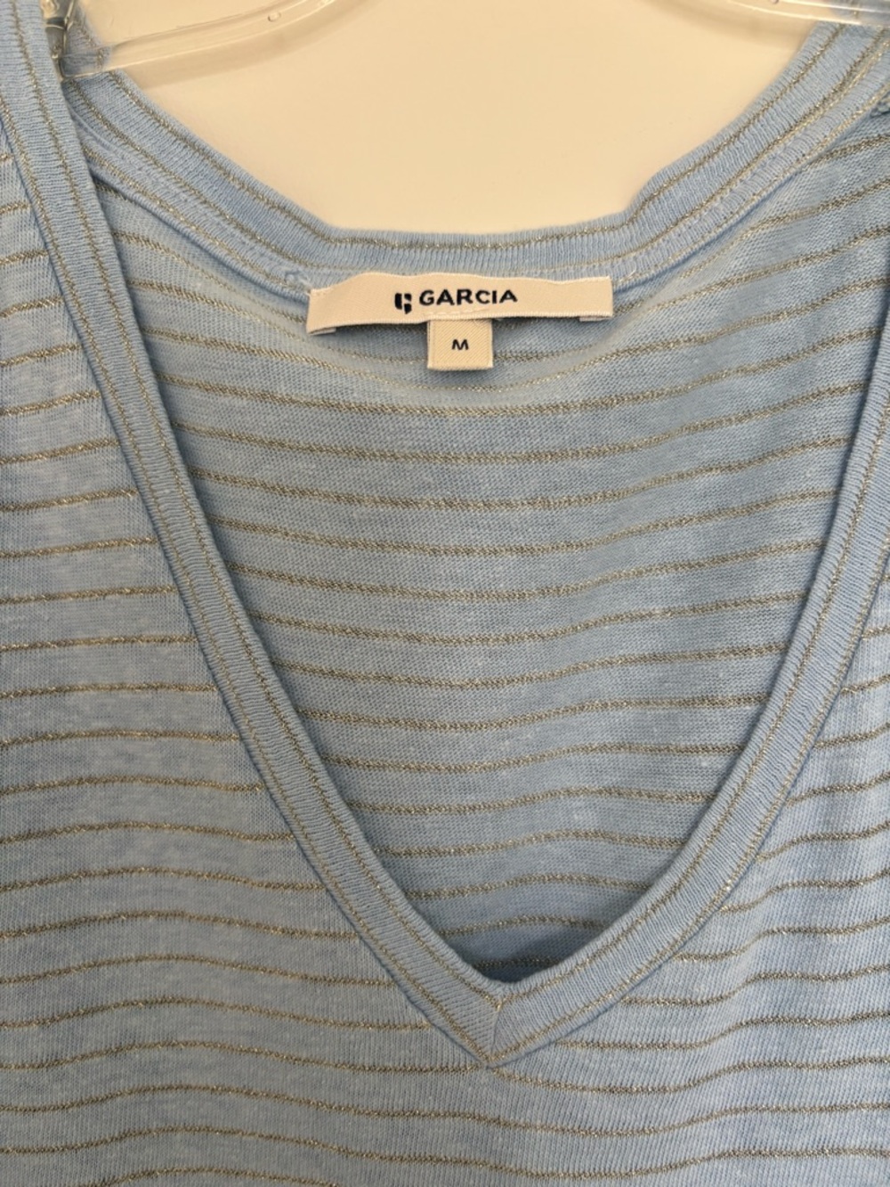 Garcia Sky Blue V-Neck Tee Sparkly Stripes M - Picture 2 of 3